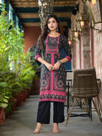 Juniper Women's Black Ethnic Motif Printed Liva Rayon Kurta Set With Buttons Coins & Tassels | Grocsy