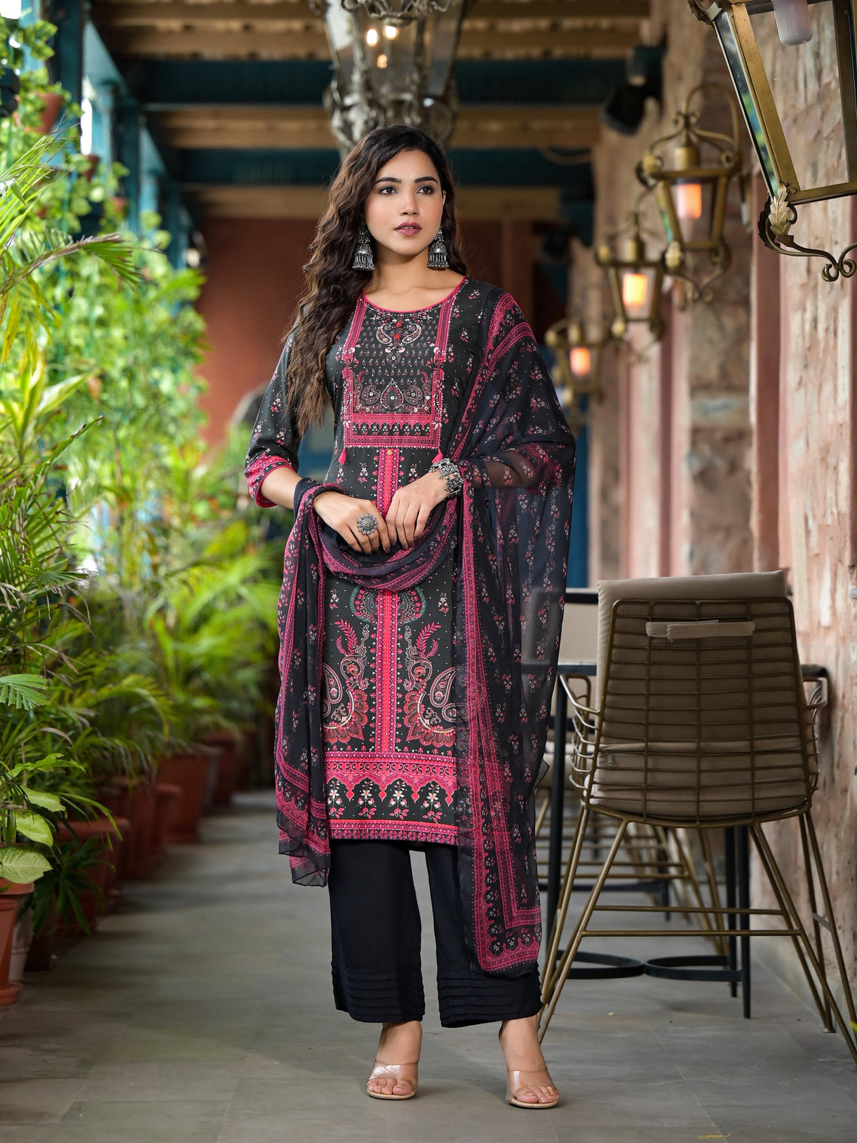Juniper Women's Black Ethnic Motif Printed Liva Rayon Kurta Set With Buttons Coins & Tassels | Grocsy