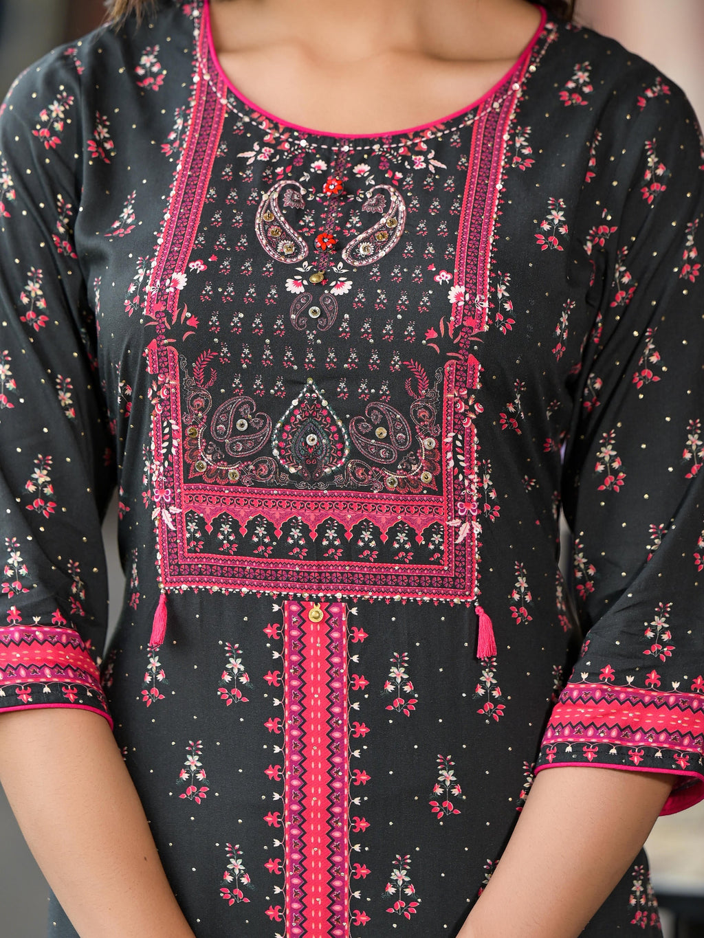 Juniper Women's Black Ethnic Motif Printed Liva Rayon Kurta Set With Buttons Coins & Tassels | Grocsy