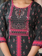 Juniper Women's Black Ethnic Motif Printed Liva Rayon Kurta Set With Buttons Coins & Tassels | Grocsy