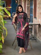 Juniper Women's Black Ethnic Motif Printed Liva Rayon Kurta Set With Buttons Coins & Tassels | Grocsy