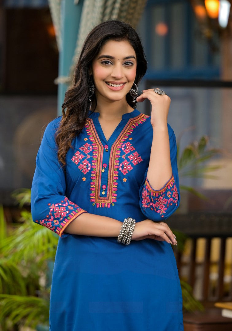 Juniper Women's Blue Thread Embroidered Liva Rayon Short Kurta And Pant Set With Buttons & Coins | Grocsy