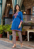Juniper Women's Blue Thread Embroidered Liva Rayon Short Kurta And Pant Set With Buttons & Coins | Grocsy