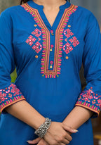 Juniper Women's Blue Thread Embroidered Liva Rayon Short Kurta And Pant Set With Buttons & Coins | Grocsy