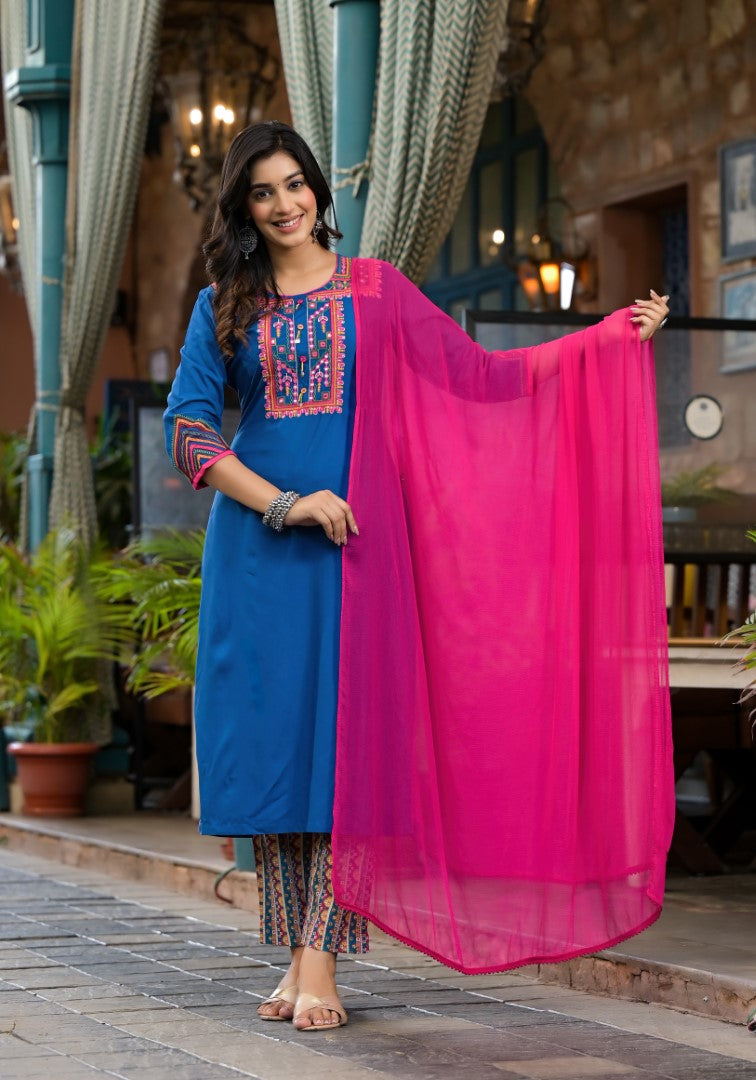 Juniper Women's Blue Thread Embroidered Liva Rayon Kurta Pant And Dupatta Set With Mirror Work Beads & Coins | Grocsy