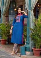 Juniper Women's Blue Thread Embroidered Liva Rayon Kurta Pant And Dupatta Set With Mirror Work Beads & Coins | Grocsy