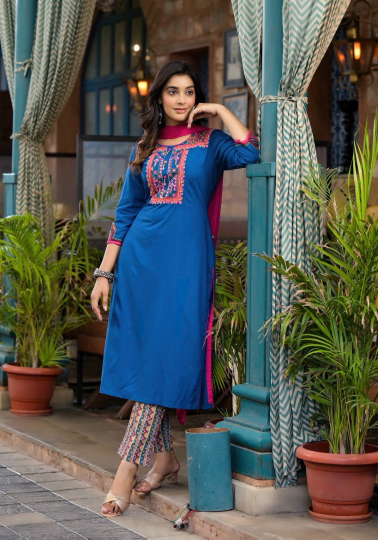 Juniper Women's Blue Thread Embroidered Liva Rayon Kurta Pant And Dupatta Set With Mirror Work Beads & Coins | Grocsy