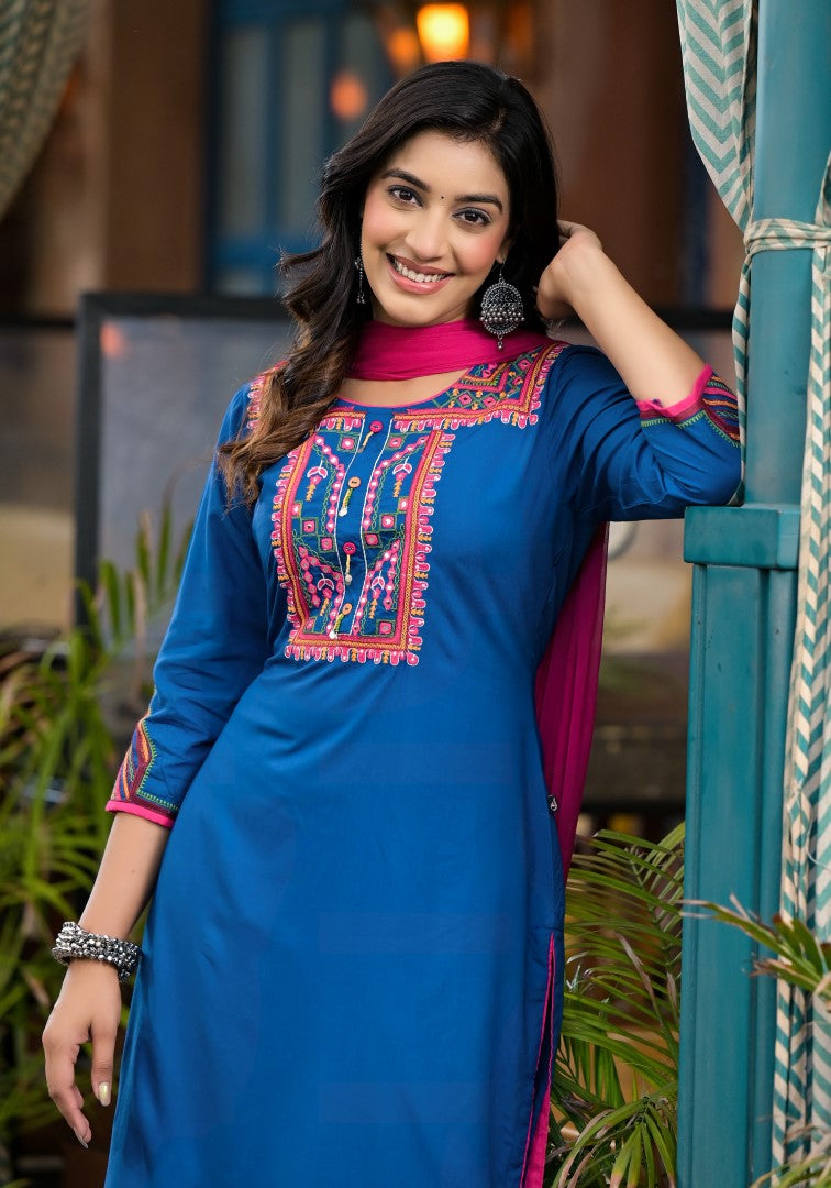 Juniper Women's Blue Thread Embroidered Liva Rayon Kurta Pant And Dupatta Set With Mirror Work Beads & Coins | Grocsy