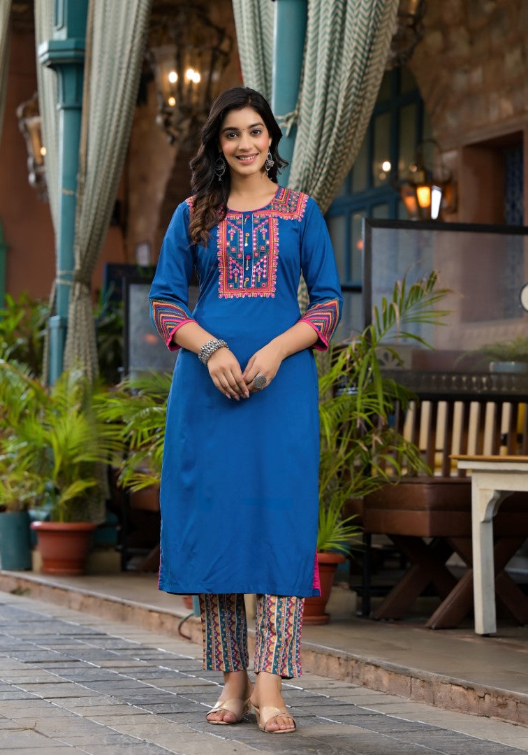 Juniper Women's Blue Thread Embroidered Liva Rayon Kurta Pant And Dupatta Set With Mirror Work Beads & Coins | Grocsy