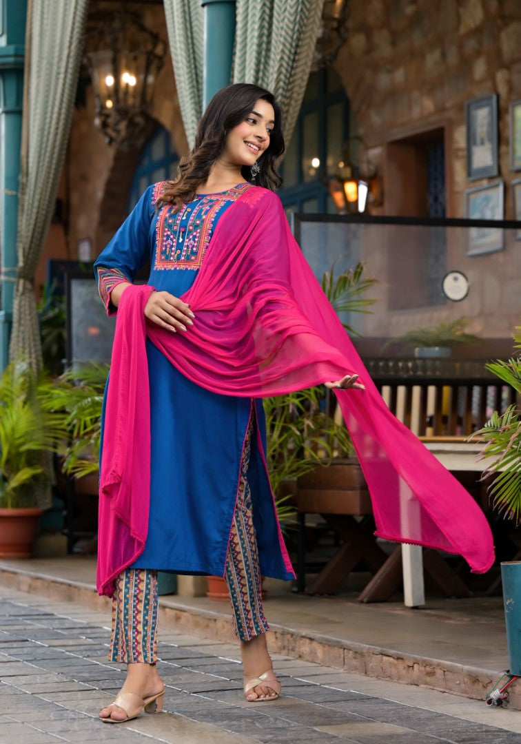 Juniper Women's Blue Thread Embroidered Liva Rayon Kurta Pant And Dupatta Set With Mirror Work Beads & Coins | Grocsy