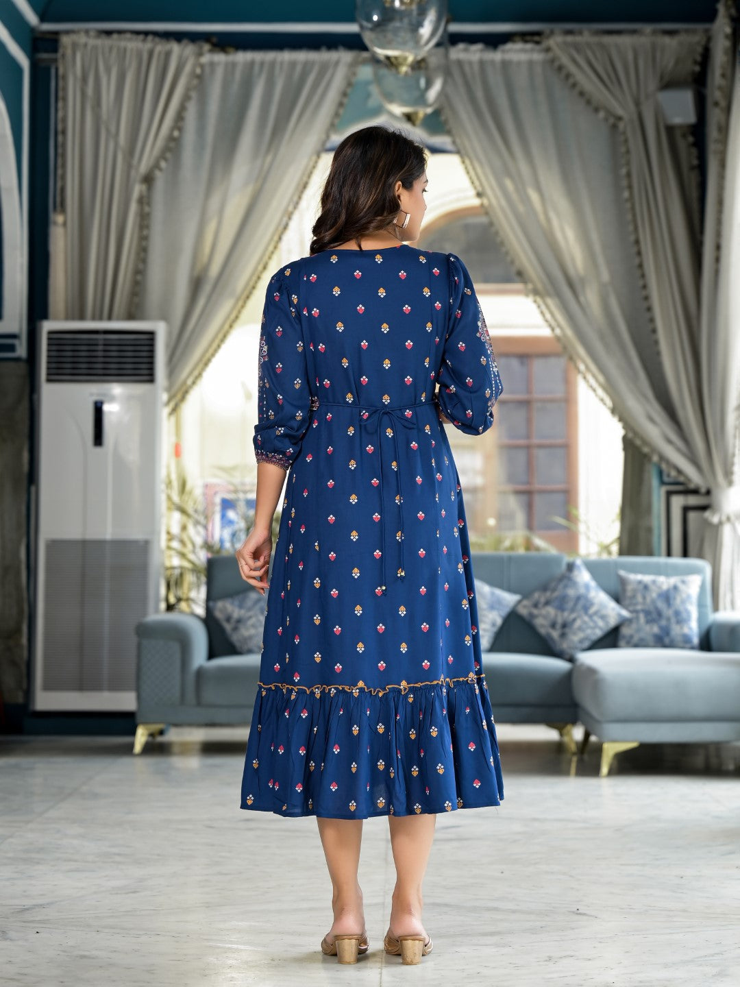 Juniper Women's Blue Ethnic Motif Printed Liva Rayon A-Lined Tiered Dress With Belt | Grocsy