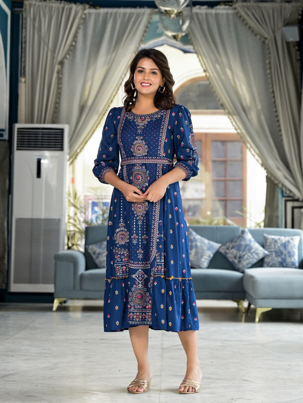 Juniper Women's Blue Ethnic Motif Printed Liva Rayon A-Lined Tiered Dress With Belt | Grocsy