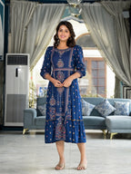 Juniper Women's Blue Ethnic Motif Printed Liva Rayon A-Lined Tiered Dress With Belt | Grocsy