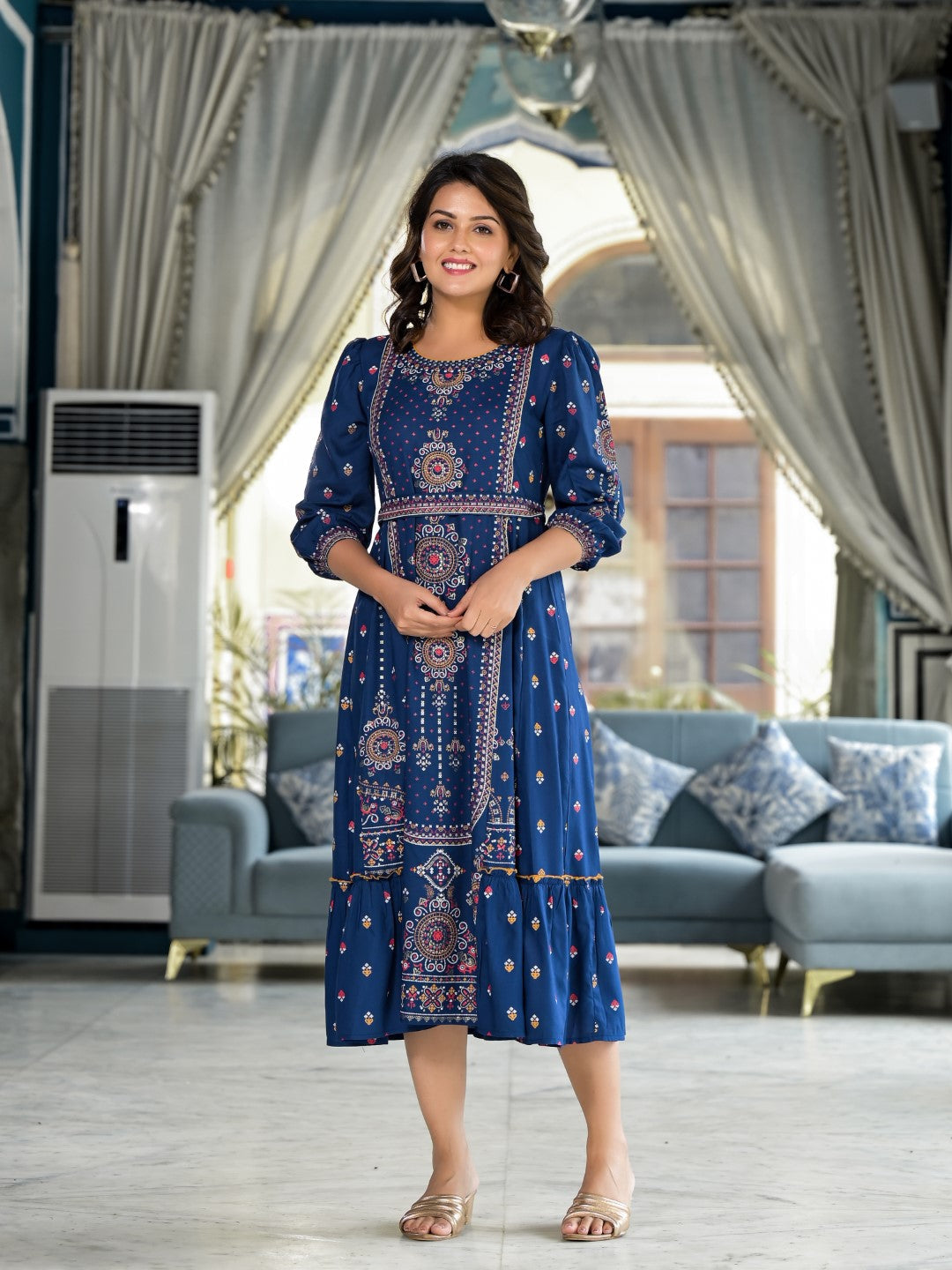 Juniper Women's Blue Ethnic Motif Printed Liva Rayon A-Lined Tiered Dress With Belt | Grocsy