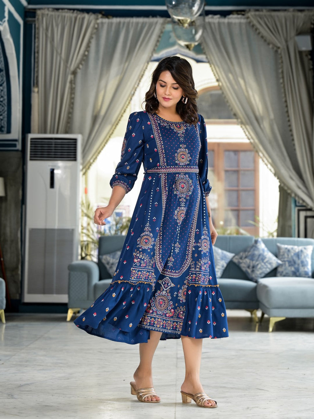 Juniper Women's Blue Ethnic Motif Printed Liva Rayon A-Lined Tiered Dress With Belt | Grocsy