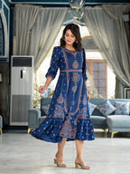 Juniper Women's Blue Ethnic Motif Printed Liva Rayon A-Lined Tiered Dress With Belt | Grocsy