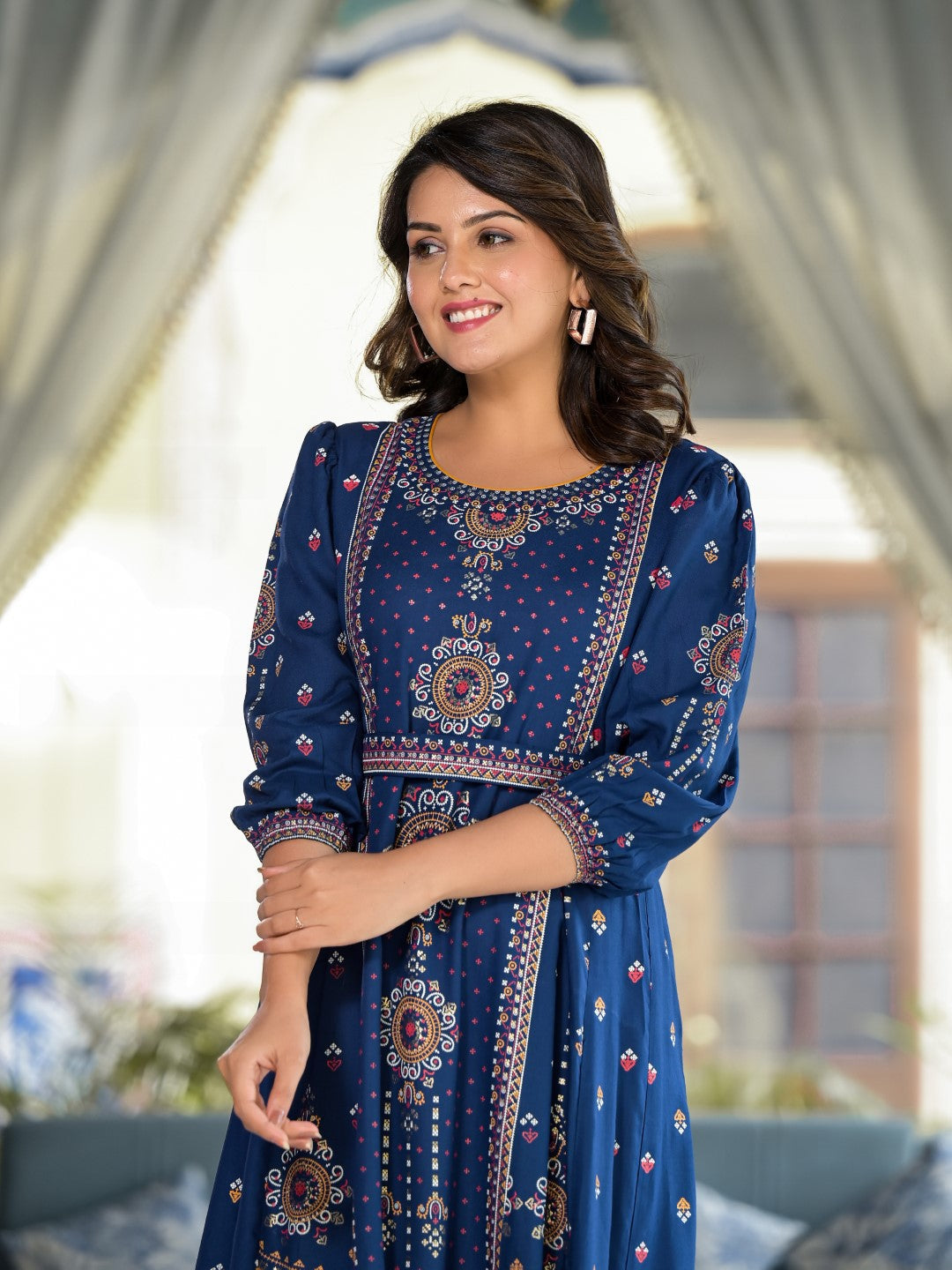 Juniper Women's Blue Ethnic Motif Printed Liva Rayon A-Lined Tiered Dress With Belt | Grocsy