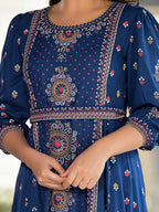 Juniper Women's Blue Ethnic Motif Printed Liva Rayon A-Lined Tiered Dress With Belt | Grocsy