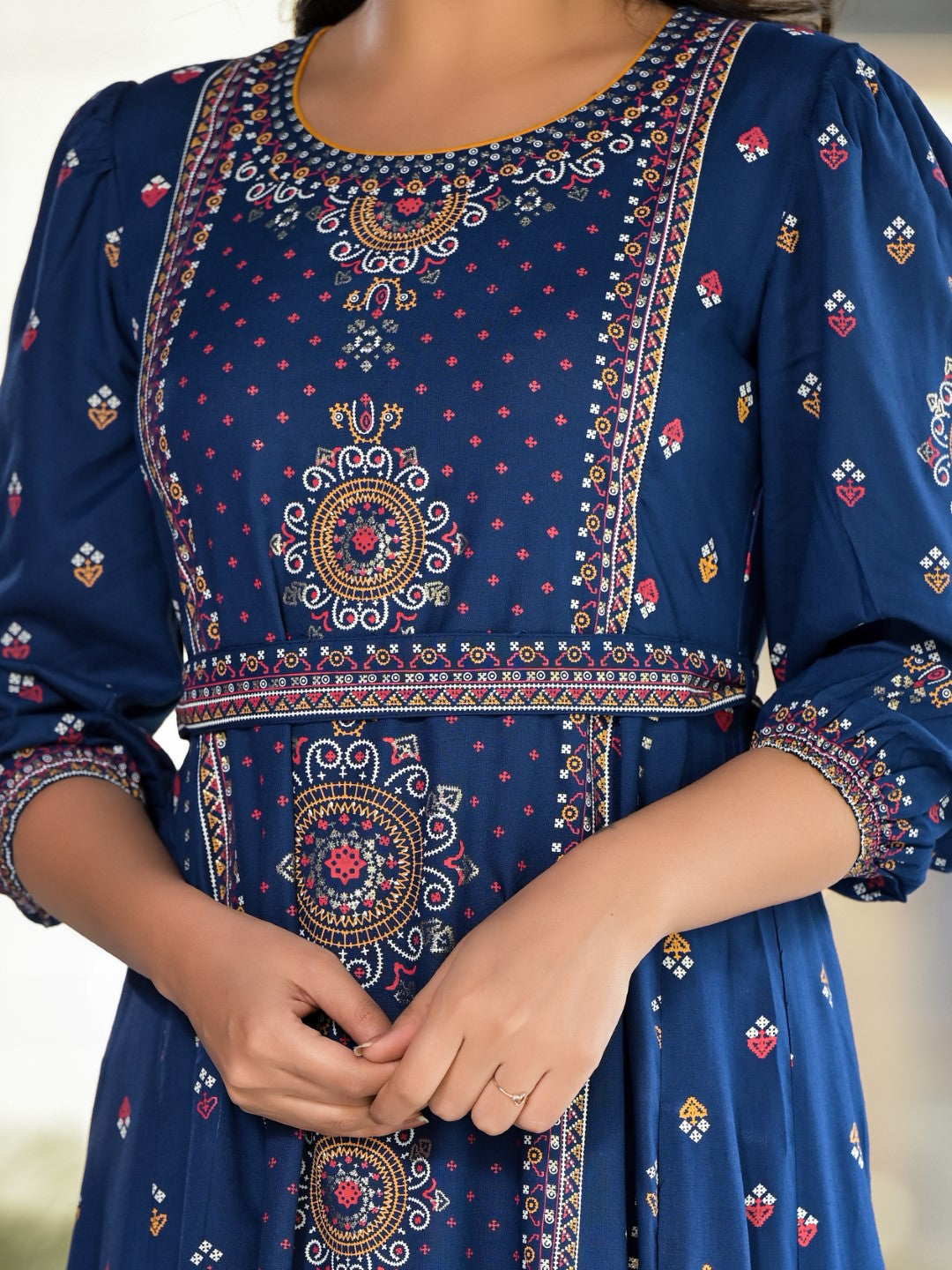 Juniper Women's Blue Ethnic Motif Printed Liva Rayon A-Lined Tiered Dress With Belt | Grocsy