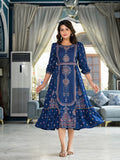 Juniper Women's Blue Ethnic Motif Printed Liva Rayon A-Lined Tiered Dress With Belt | Grocsy
