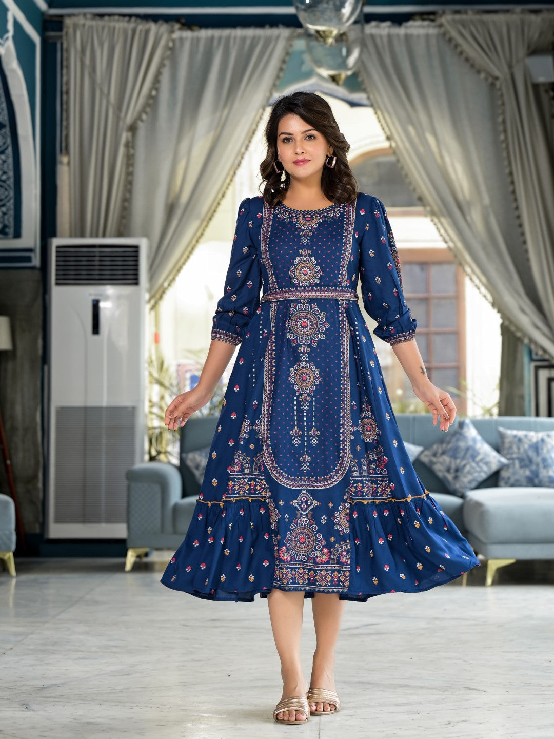 Juniper Women's Blue Ethnic Motif Printed Liva Rayon A-Lined Tiered Dress With Belt | Grocsy