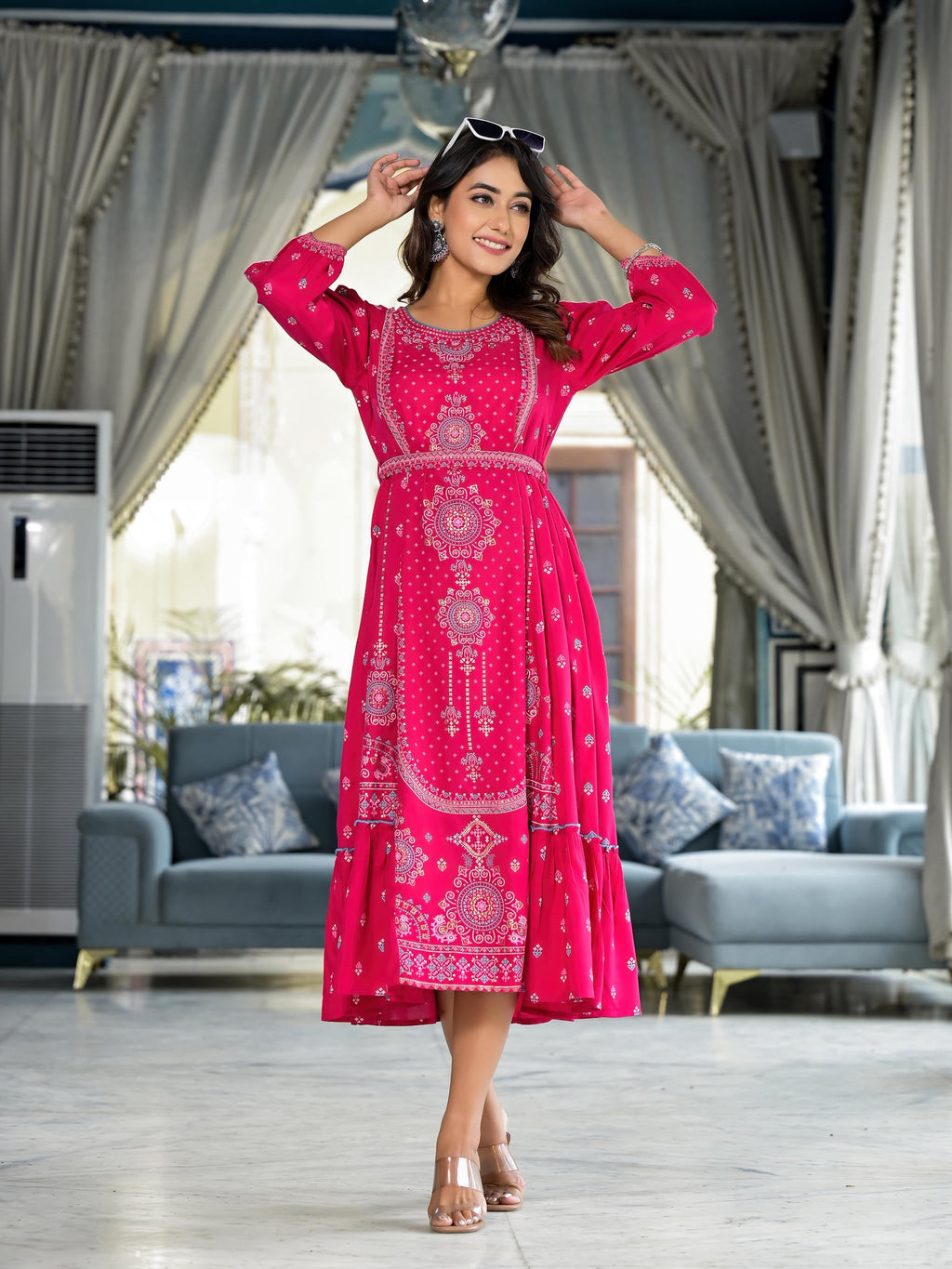 Juniper Fuchsia Ethnic Motif Printed Liva Rayon A-Lined Tiered Dress With Belt | Grocsy