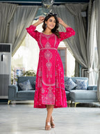 Juniper Fuchsia Ethnic Motif Printed Liva Rayon A-Lined Tiered Dress With Belt | Grocsy