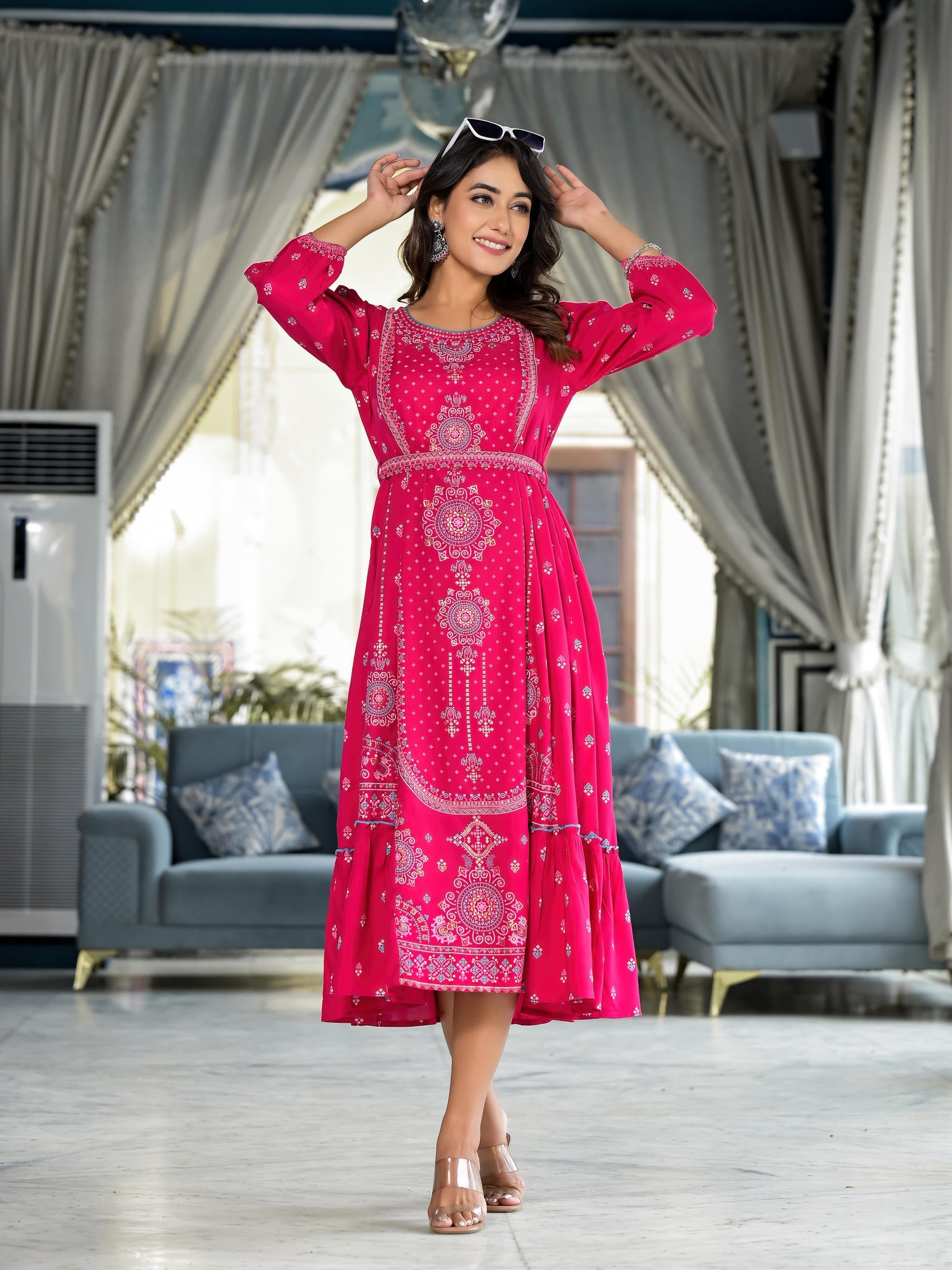 Juniper Fuchsia Ethnic Motif Printed Liva Rayon A-Lined Tiered Dress With Belt | Grocsy