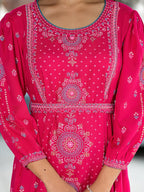 Juniper Fuchsia Ethnic Motif Printed Liva Rayon A-Lined Tiered Dress With Belt | Grocsy