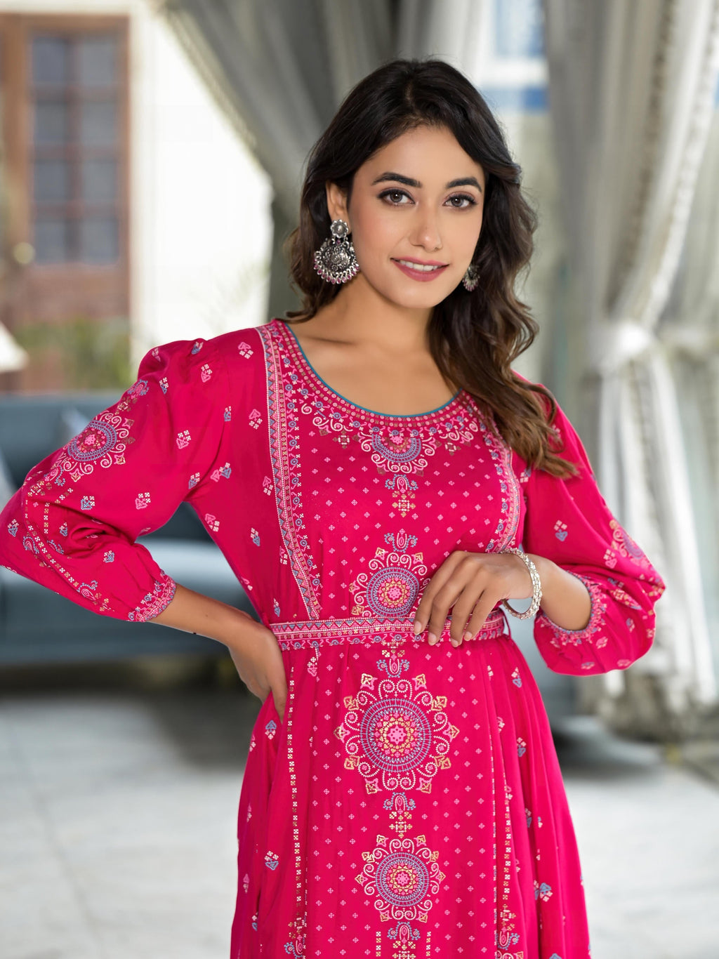 Juniper Fuchsia Ethnic Motif Printed Liva Rayon A-Lined Tiered Dress With Belt | Grocsy
