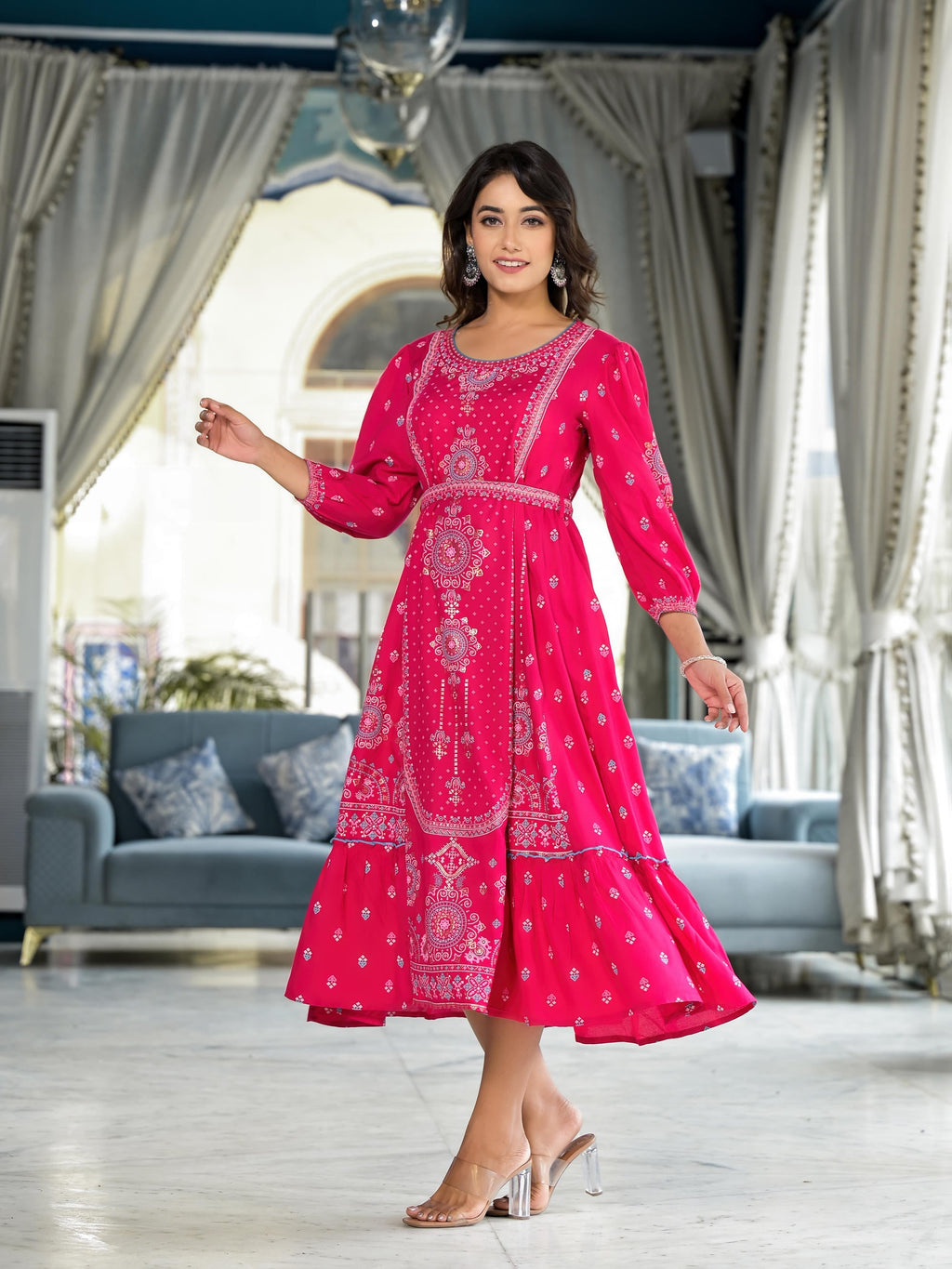 Juniper Fuchsia Ethnic Motif Printed Liva Rayon A-Lined Tiered Dress With Belt | Grocsy