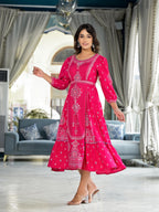 Juniper Fuchsia Ethnic Motif Printed Liva Rayon A-Lined Tiered Dress With Belt | Grocsy