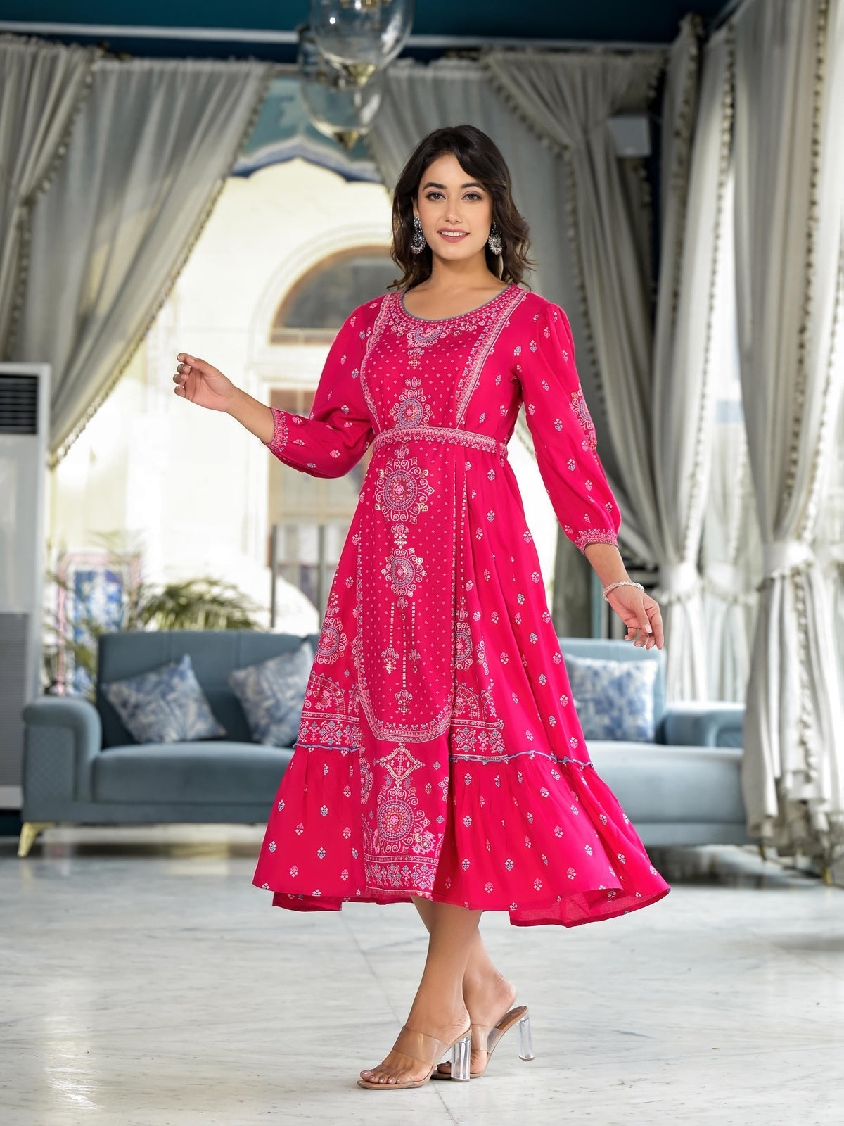 Juniper Fuchsia Ethnic Motif Printed Liva Rayon A-Lined Tiered Dress With Belt | Grocsy