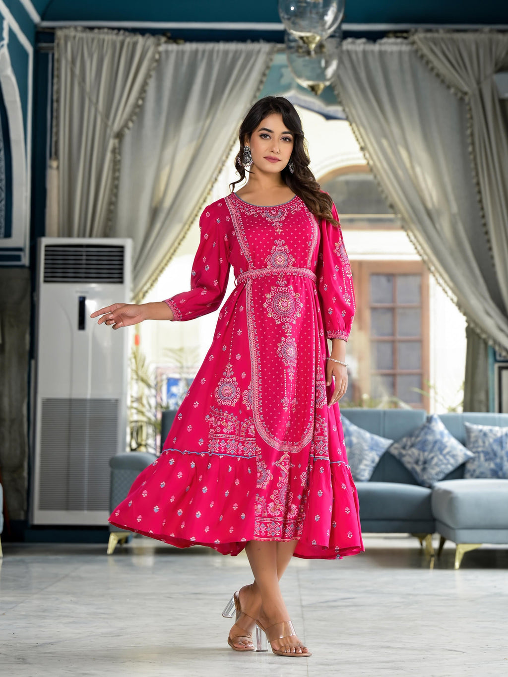 Juniper Fuchsia Ethnic Motif Printed Liva Rayon A-Lined Tiered Dress With Belt | Grocsy