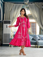 Juniper Fuchsia Ethnic Motif Printed Liva Rayon A-Lined Tiered Dress With Belt | Grocsy