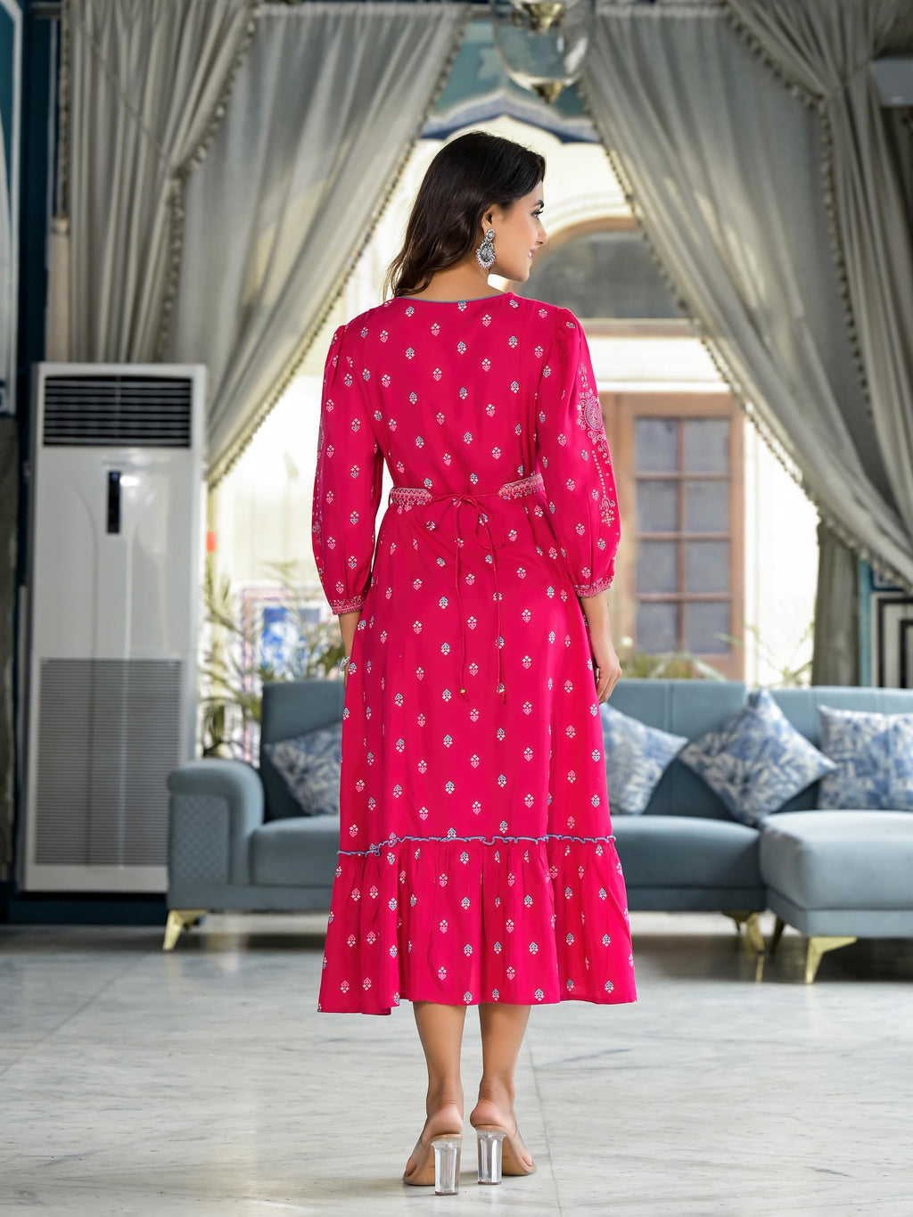Juniper Fuchsia Ethnic Motif Printed Liva Rayon A-Lined Tiered Dress With Belt | Grocsy