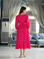 Juniper Fuchsia Ethnic Motif Printed Liva Rayon A-Lined Tiered Dress With Belt | Grocsy