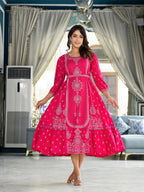 Juniper Fuchsia Ethnic Motif Printed Liva Rayon A-Lined Tiered Dress With Belt | Grocsy