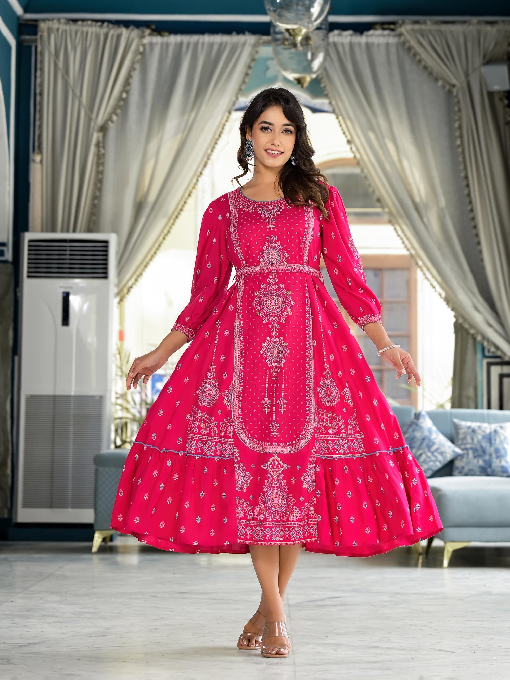 Juniper Fuchsia Ethnic Motif Printed Liva Rayon A-Lined Tiered Dress With Belt | Grocsy