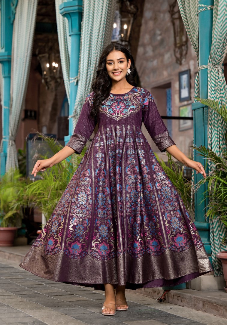 Juniper Women's Plum Ethnic Motif Printed Santoon Dress With Thread & Zari Work | Grocsy