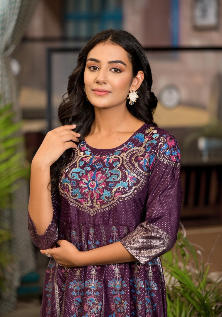 Juniper Women's Plum Ethnic Motif Printed Santoon Dress With Thread & Zari Work | Grocsy