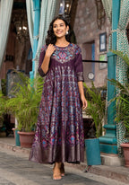 Juniper Women's Plum Ethnic Motif Printed Santoon Dress With Thread & Zari Work | Grocsy
