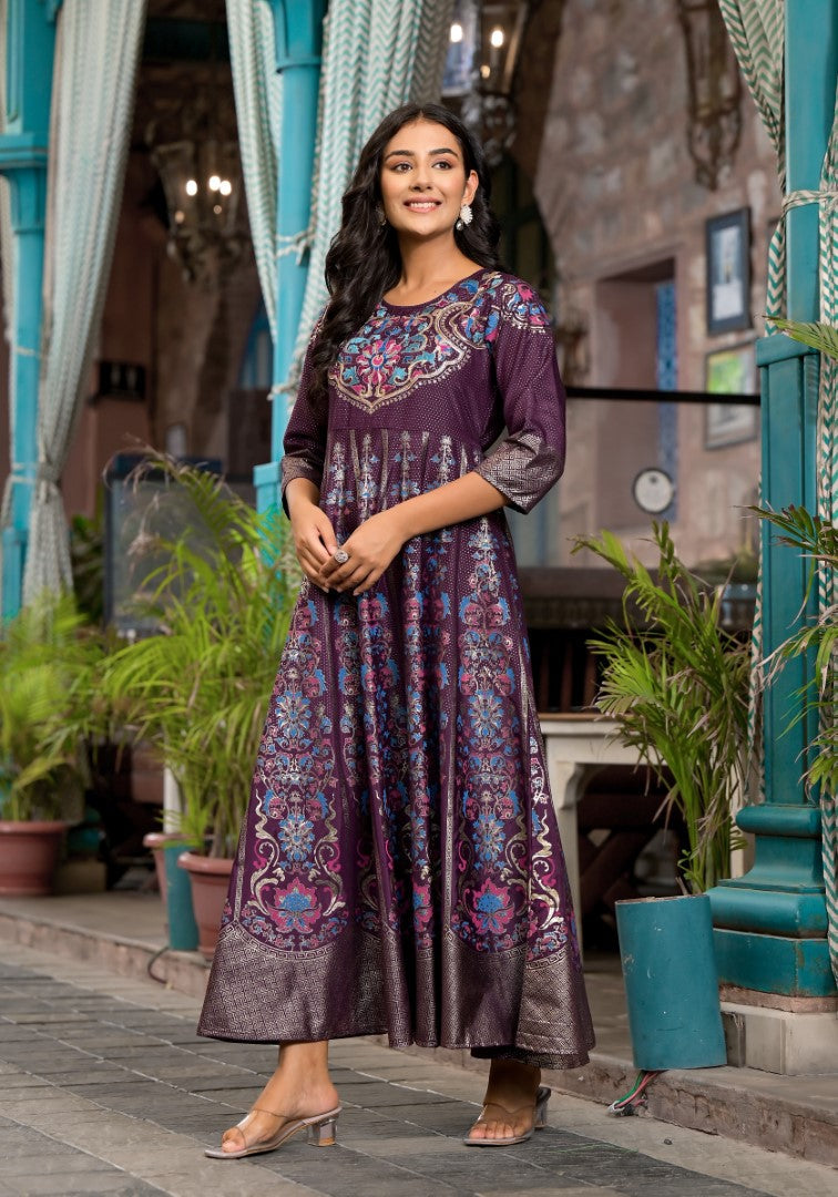 Juniper Women's Plum Ethnic Motif Printed Santoon Dress With Thread & Zari Work | Grocsy