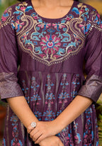 Juniper Women's Plum Ethnic Motif Printed Santoon Dress With Thread & Zari Work | Grocsy