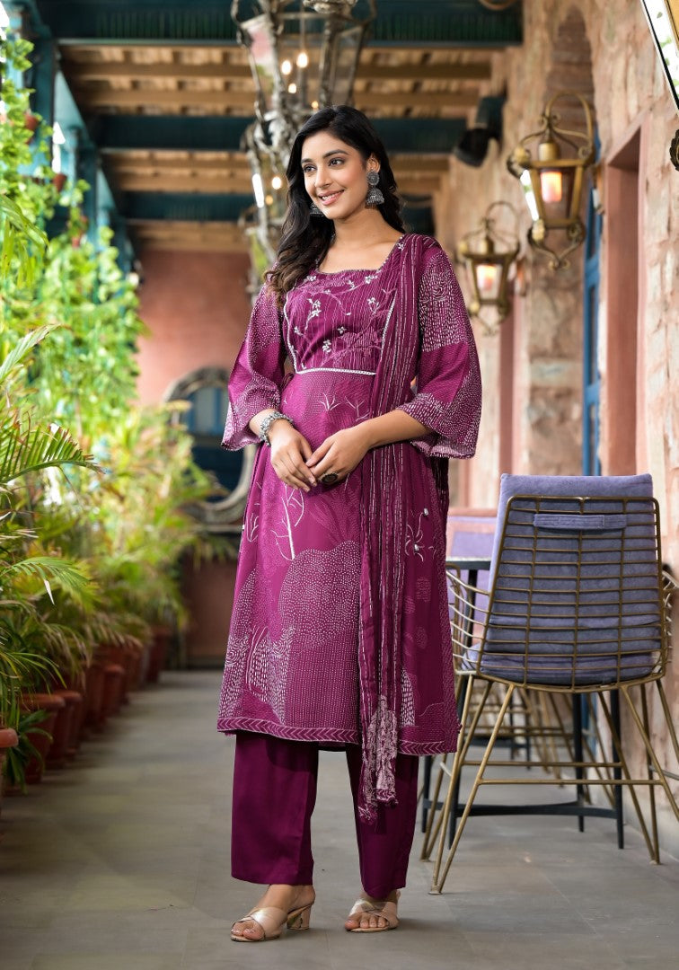 Juniper Women's Wine Abstract Printed Liva Rayon A-Lined Kurta Pant And Dupatta Set With Doris At Waist | Grocsy