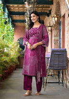 Juniper Women's Wine Abstract Printed Liva Rayon A-Lined Kurta Pant And Dupatta Set With Doris At Waist | Grocsy