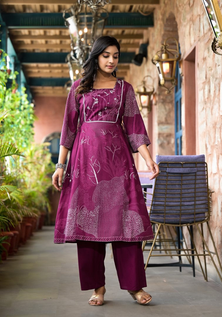Juniper Women's Wine Abstract Printed Liva Rayon A-Lined Kurta Pant And Dupatta Set With Doris At Waist | Grocsy