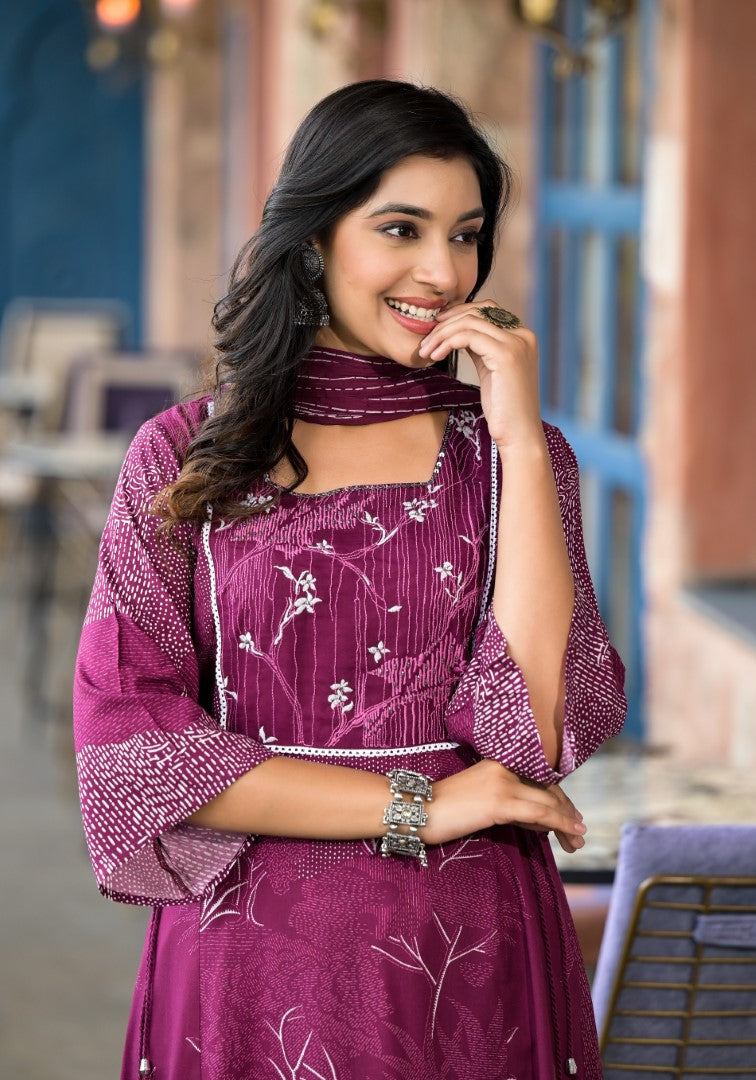 Juniper Women's Wine Abstract Printed Liva Rayon A-Lined Kurta Pant And Dupatta Set With Doris At Waist | Grocsy