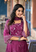 Juniper Women's Wine Abstract Printed Liva Rayon A-Lined Kurta Pant And Dupatta Set With Doris At Waist | Grocsy