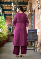 Juniper Women's Wine Abstract Printed Liva Rayon A-Lined Kurta Pant And Dupatta Set With Doris At Waist | Grocsy